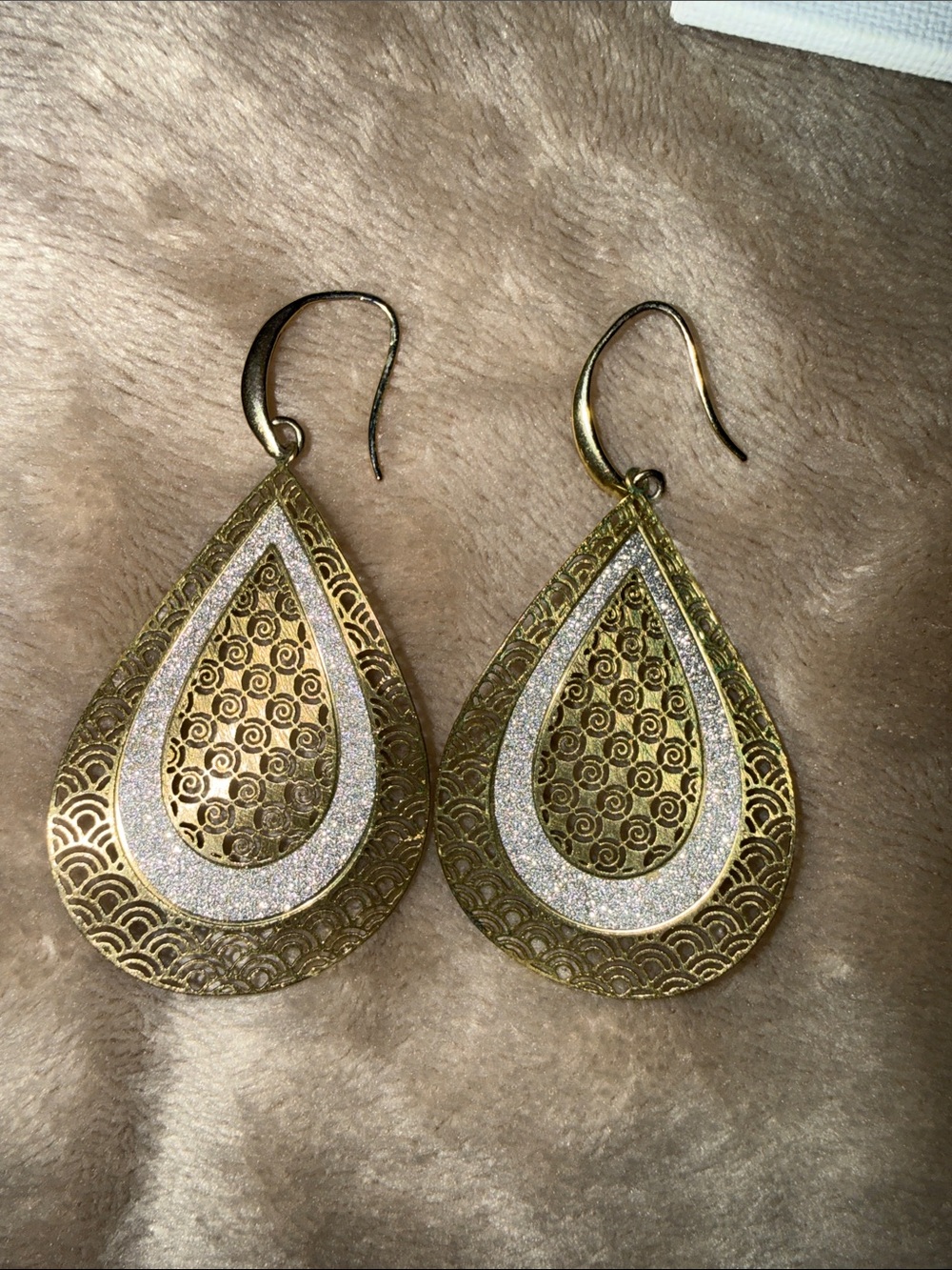 Gold Teardrop Filigree Earrings with Silver Accent